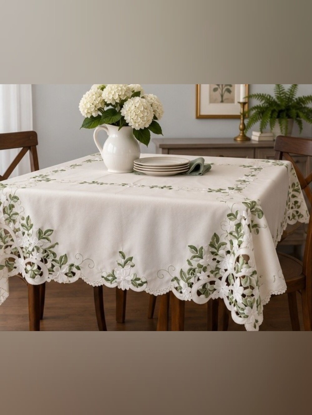 Vintage Embroidered Cutwork Tablecloth 44” x 41” Ivory Green Floral